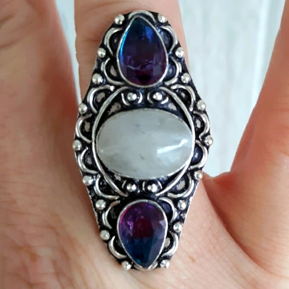 New Rainbow Moonstone & Bicolor Tourmaline 925 Silver Ring. - Picture 4 of 8